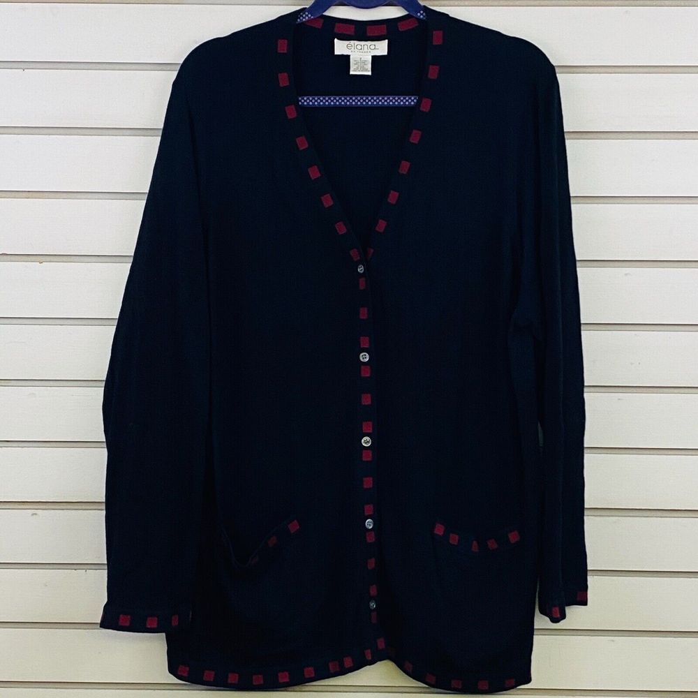 Womens Size 2 Elana by Tanner Cardigan‎ Sweater Black Red Squares Front Pockets